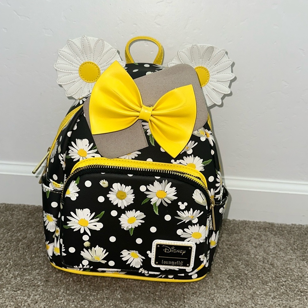 Loungefly Disney Minnie Mouse Daisies Mini Backpack Black/Yellow Floral Bow NEW